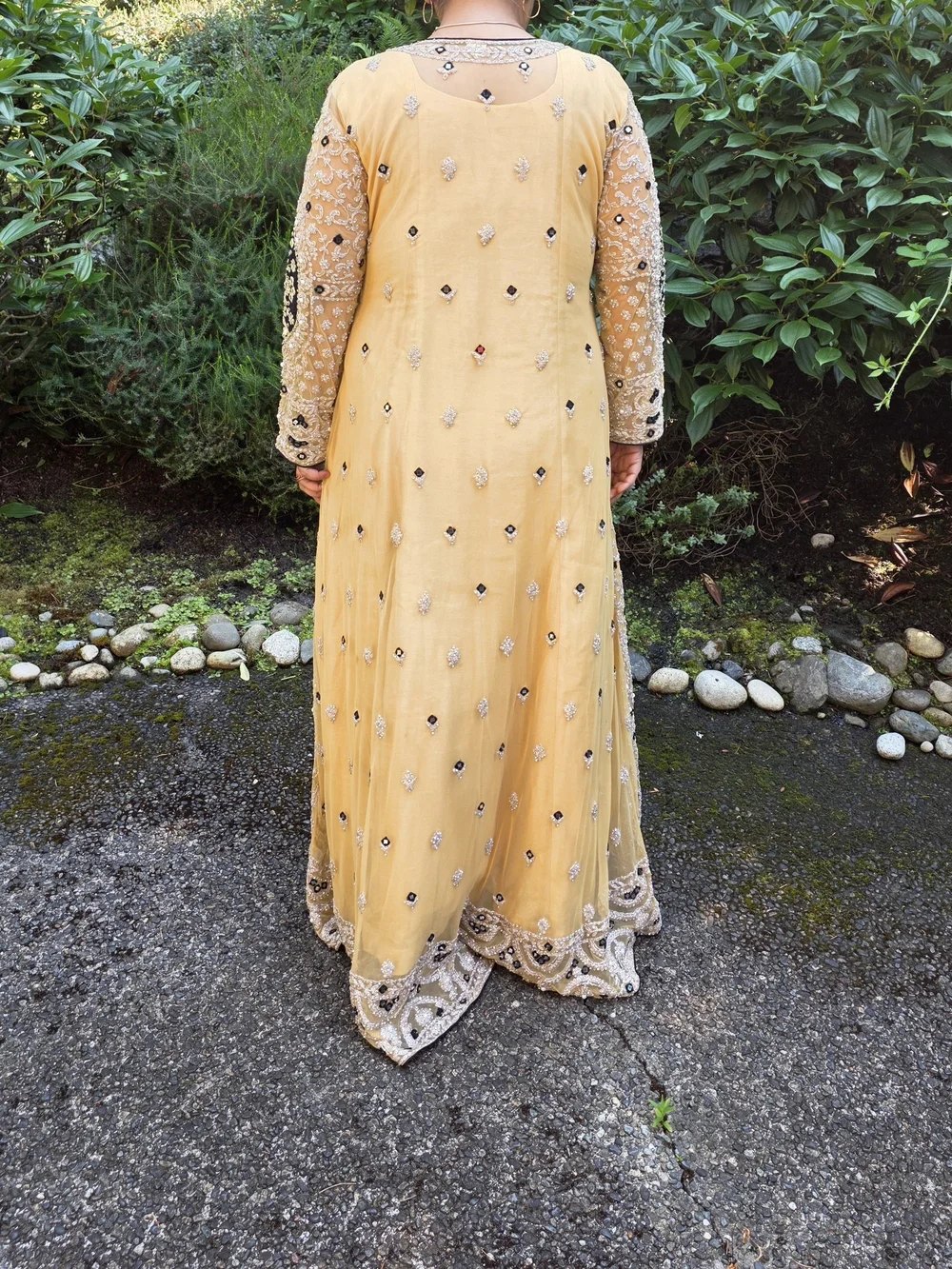Embellished Gold Long-Sleeve Formal Anarkali Indian Dress